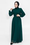 Zümrüt Şifon Kumaş Kruvaze Yaka Tesettür Abiye Elbise