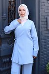 Bebe Mavi İkili Kimono Bağlama Detaylı Tesettür Takım