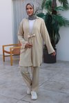 Bej Kimono İkili Bağlama Detaylı Tesettür Takım