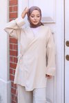 Bej Kimono İkili Bağlama Detaylı Tesettür Takım