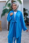 Deniz Mavisi Kimono İkili Bağlama Detaylı Takım