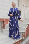 İndigo Büyük Fırça Desenli Viskon Tesettür Elbise