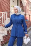 İndigo İkili Ribana Detaylı Tesettür Takım