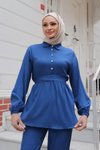 İndigo İkili Taş Düğme Detaylı Tesettür Takım