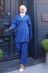 İndigo Kimono Bağlama Detaylı İkili Tesettür Takım