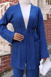 İndigo Kimono İkili Cep Detaylı Tesettür Takım
