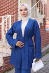 İndigo Kimono İkili Cep Detaylı Tesettür Takım