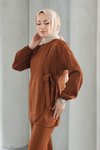 Kahverengi İkili Bağlama Detaylı Tesettür Takım