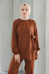 Kahverengi İkili Bağlama Detaylı Tesettür Takım