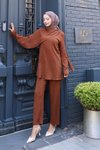 Kahverengi İkili Pelerin Detaylı Tesettür Takım