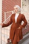 Kahverengi Kimono Cep Detaylı İkili Tesettür Takım