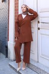 Kahverengi Kimono İkili Bağlama Detaylı Tesettür Takım