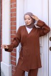 Kahverengi Kimono İkili Bağlama Detaylı Tesettür Takım