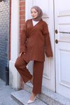 Kahverengi Kimono İkili Bağlama Detaylı Tesettür Takım