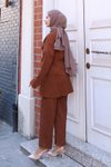 Kahverengi Kimono İkili Bağlama Detaylı Tesettür Takım