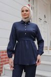 Lacivert İkili Taş Düğme Detaylı Tesettür Takım