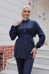 Lacivert İkili Taş Düğme Detaylı Tesettür Takım