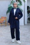 Lacivert Kimono Bağlama Detaylı İkili Tesettür Takım