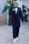 Lacivert Kimono Bağlama Detaylı İkili Tesettür Takım
