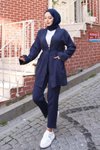 Lacivert Kimono İkili Cep Detaylı Tesettür Takım