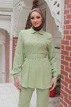 Mint Yeşili İkili Taş Düğme Detaylı Tesettür Takım