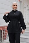 Siyah İkili Taş Düğme Detaylı Tesettür Takım