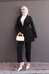 Siyah Kimono İkili Cep Detaylı Tesettür Takım