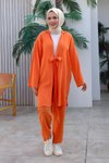 Turuncu Kimono İkili Bağlama Detaylı Tesettür Takım