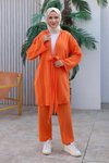 Turuncu Kimono İkili Bağlama Detaylı Tesettür Takım