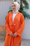 Turuncu Kimono İkili Bağlama Detaylı Tesettür Takım