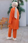 Turuncu Kimono İkili Bağlama Detaylı Tesettür Takım