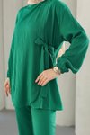 Yeşil İkili Bağlama Detaylı Tesettür Takım
