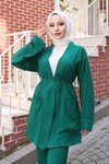 Yeşil Kimono İkili Cep Detaylı Tesettür Takım