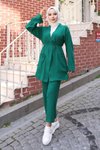 Yeşil Kimono İkili Cep Detaylı Tesettür Takım
