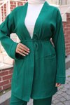 Yeşil Kimono İkili Cep Detaylı Tesettür Takım