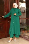 Yeşil Uzun İkili Yaka Detaylı Tesettür Takım