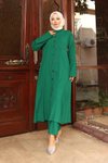 Yeşil Uzun İkili Yaka Detaylı Tesettür Takım