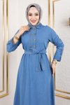 Açık Mavi Kot Düğme Detaylı Tesettür Elbise