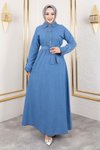 Açık Mavi Kot Düğme Detaylı Tesettür Elbise