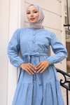 Açık Mavi Kot Düğmeli Tesettür Elbise