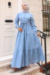 Açık Mavi Kot Düğmeli Tesettür Elbise