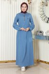Açık Mavi Kot Fermuar Detaylı Tesettür Elbise