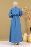 Açık Mavi Kot Fermuarlı Beli Lastikli Tesettür Elbise