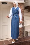 Açık Mavi Kot Jile Kemer Detaylı Tesettür Elbise