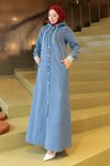 Açık Mavi Kot Kapüşonlu Ribanalı Ferace