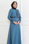 Bebe Mavisi Kemer Detaylı Tesettür Abiye Elbise