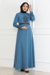 Bebe Mavisi Kemer Detaylı Tesettür Abiye Elbise