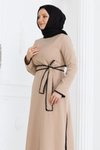 Bej İkili Çoban Dikişli Kemerli Tesettür Takım