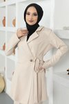 Bej İkili Kuşak Detaylı Tesettür Takım