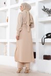 Bej İkili Yırtmaç Detaylı Tesettür Takım
